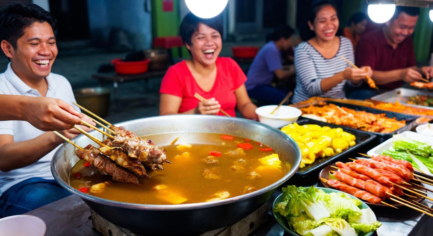 A bustling Malaysian street food stall with skewers of fish, meat, and vegetables boiling in a shared pot of broth, surrounded by diverse locals laughing and dipping skewers into colorful sauces.