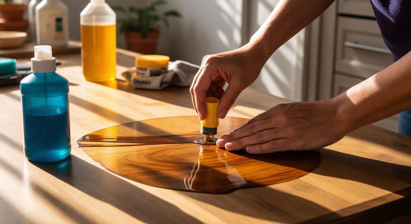A close-up of a person’s hands carefully applying colored wax to a glossy wooden door with faint scratches, surrounded by cleaning supplies and a small bottle of furniture polish on a wooden table in a sunlit Turkish home.