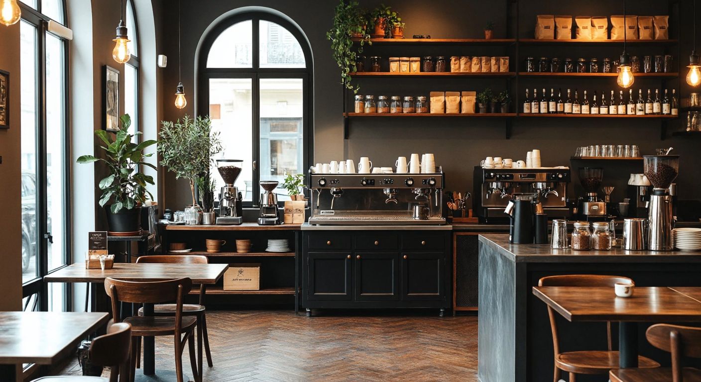 A cozy Italian-style café with dark wooden tables, an espresso machine, and baristas serving Italian coffee, while a small traditional Turkish coffee pot sits unnoticed on a shelf in the background.
