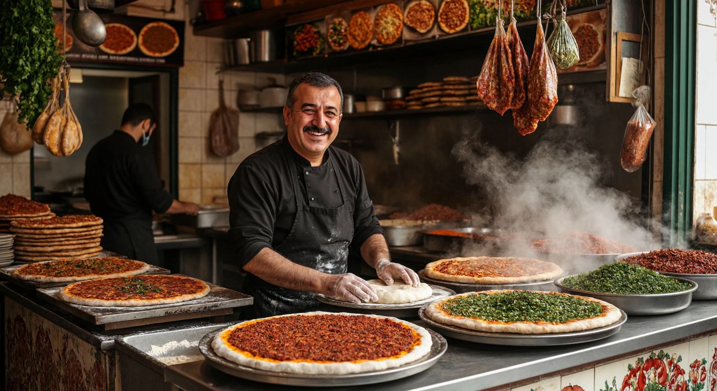 A bustling Turkish lahmacun shop with a smiling middle-aged man, likely Taner Ayaz, kneading dough behind a counter, surrounded by steaming trays of freshly baked lahmacun and the rich aroma of spices filling the air.