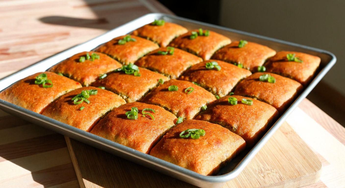 A golden-brown tray of freshly baked *sini köftesi*, layered with minced meat and bulgur, garnished with green chives, resting on a rustic wooden table in a sunlit Turkish kitchen.