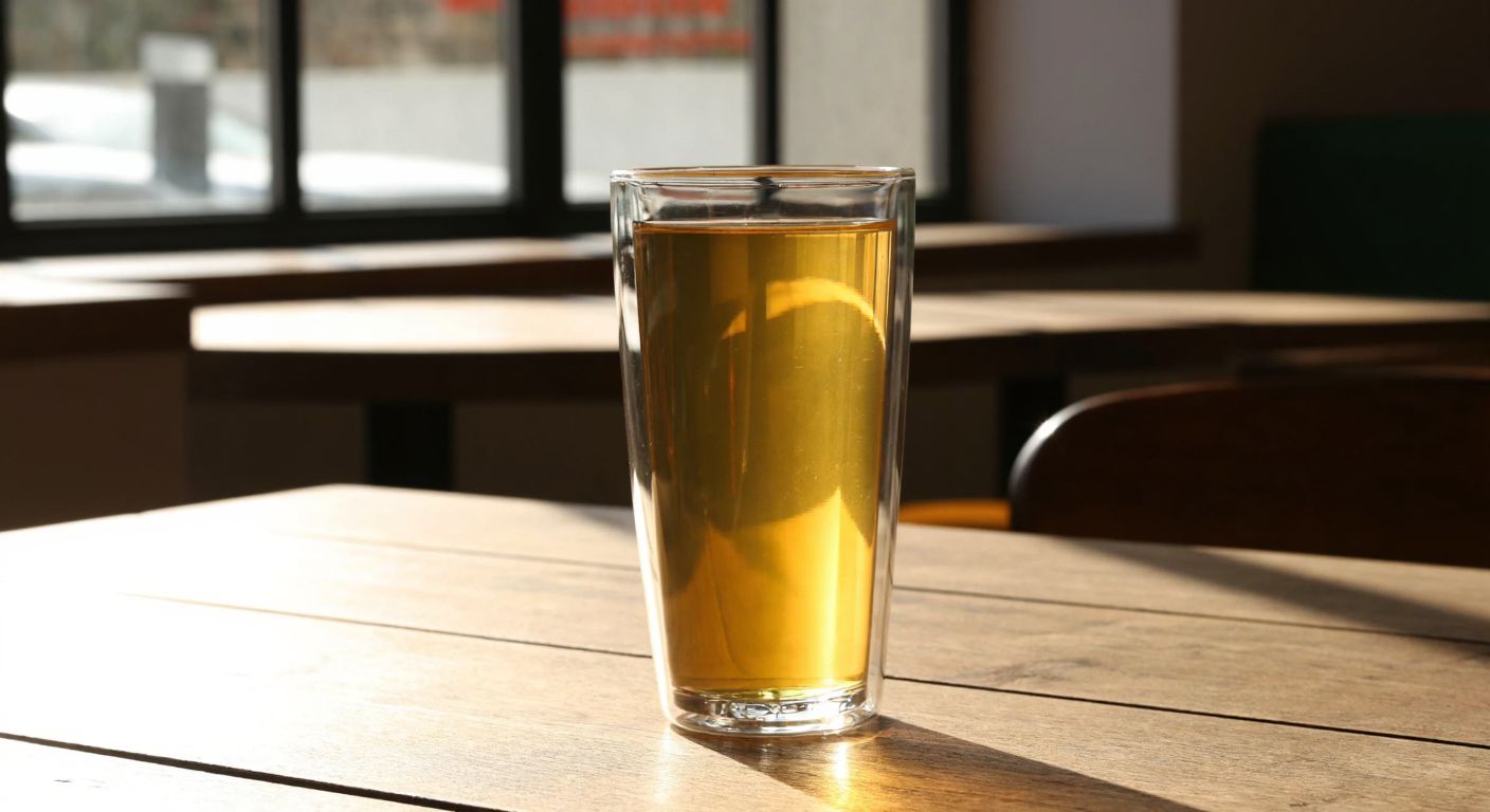 A sleek, transparent Mudo Lou glass filled with a golden liquid, placed on a rustic wooden table in a cozy Turkish café, with soft sunlight filtering through nearby windows.