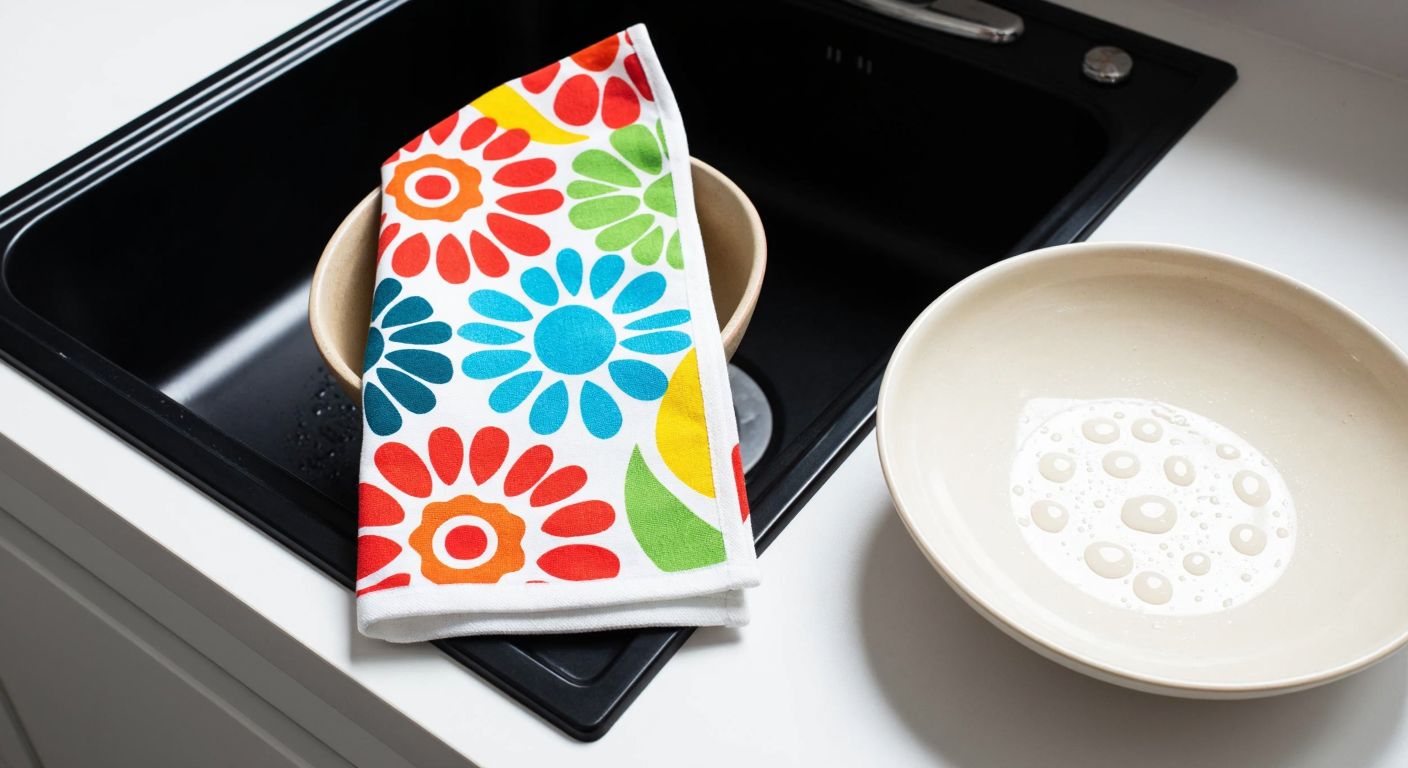 A vibrant, patterned Swedish dishcloth lies neatly folded on a clean kitchen counter next to a ceramic plate with water droplets, symbolizing eco-friendly cleaning.