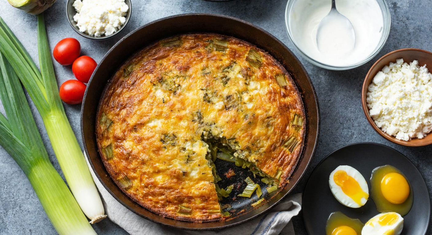 A golden-brown pırasalı mezzanelli casserole, fresh from the oven, sits on a rustic Turkish kitchen counter, surrounded by sliced leeks, crumbled white cheese, and a bowl of whisked eggs and yogurt, with steam rising invitingly.