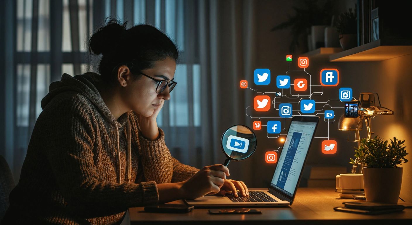 A person in Turkey intently searches on a glowing laptop screen, surrounded by floating icons of social media platforms and a magnifying glass, with a thoughtful expression under warm lamplight.