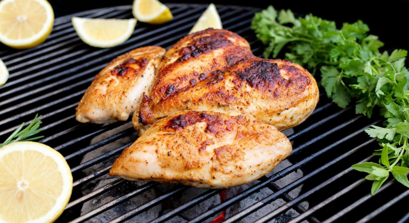 A golden-brown, succulent butterfly-cut chicken breast sizzling on a charcoal grill, surrounded by fresh herbs and lemon wedges, evoking the rich flavors of Turkish barbecue.