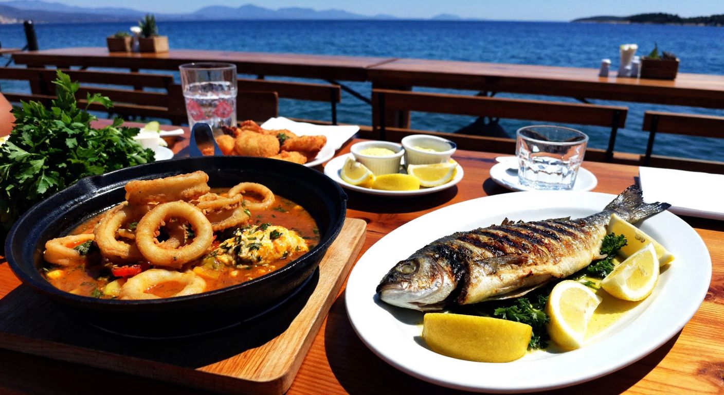 A vibrant seaside restaurant in Bademli with a wooden table set with a sizzling plate of grilled sea bass, crispy fried calamari, and a steaming bowl of fish stew, surrounded by fresh lemon wedges and parsley, overlooking the sparkling Aegean Sea.
