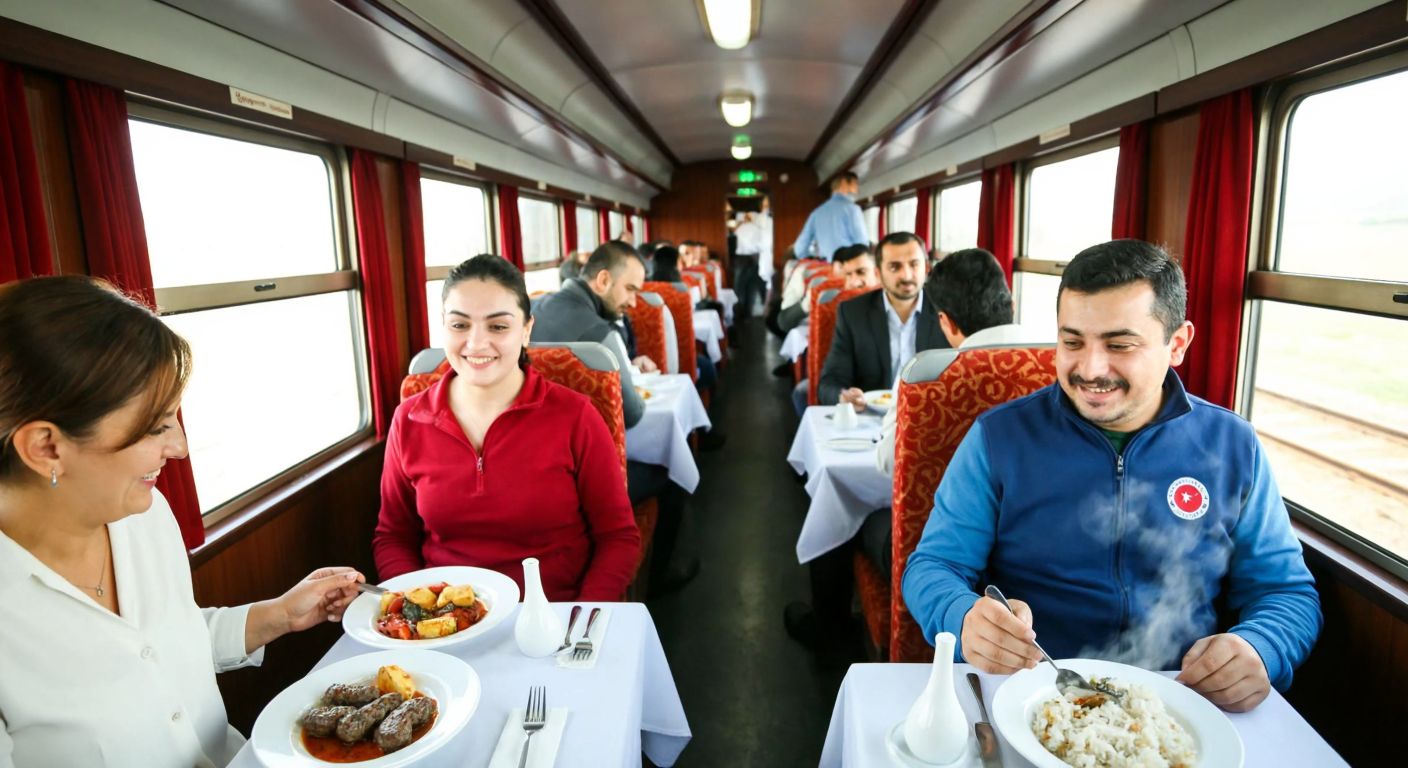 A bustling regional train in Turkey with a dedicated dining car where passengers enjoy steaming plates of traditional dishes like köfte and pilav, smiling as they dine together.