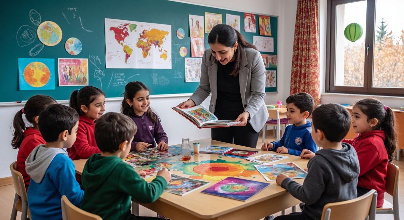 A cheerful Turkish classroom with young students gathered around a teacher reading a colorful storybook, while others excitedly conduct a simple science experiment with bubbling liquids and craft vibrant collages from magazine cutouts.