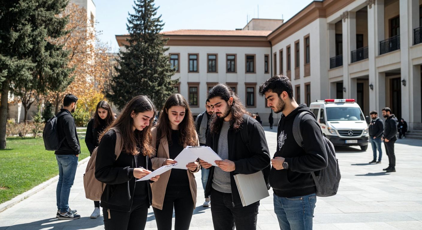 A solemn group of young Turkish university students in Marmara University’s courtyard, some holding medical documents, others comforting a grieving peer, with a distant ambulance siren and a faculty building in the background.