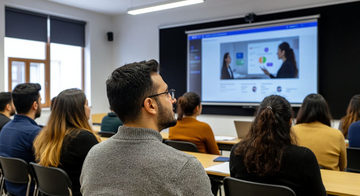 A modern Turkish classroom with diverse adult learners attentively watching an interactive e-learning presentation on a large screen, their faces lit with curiosity and engagement.
