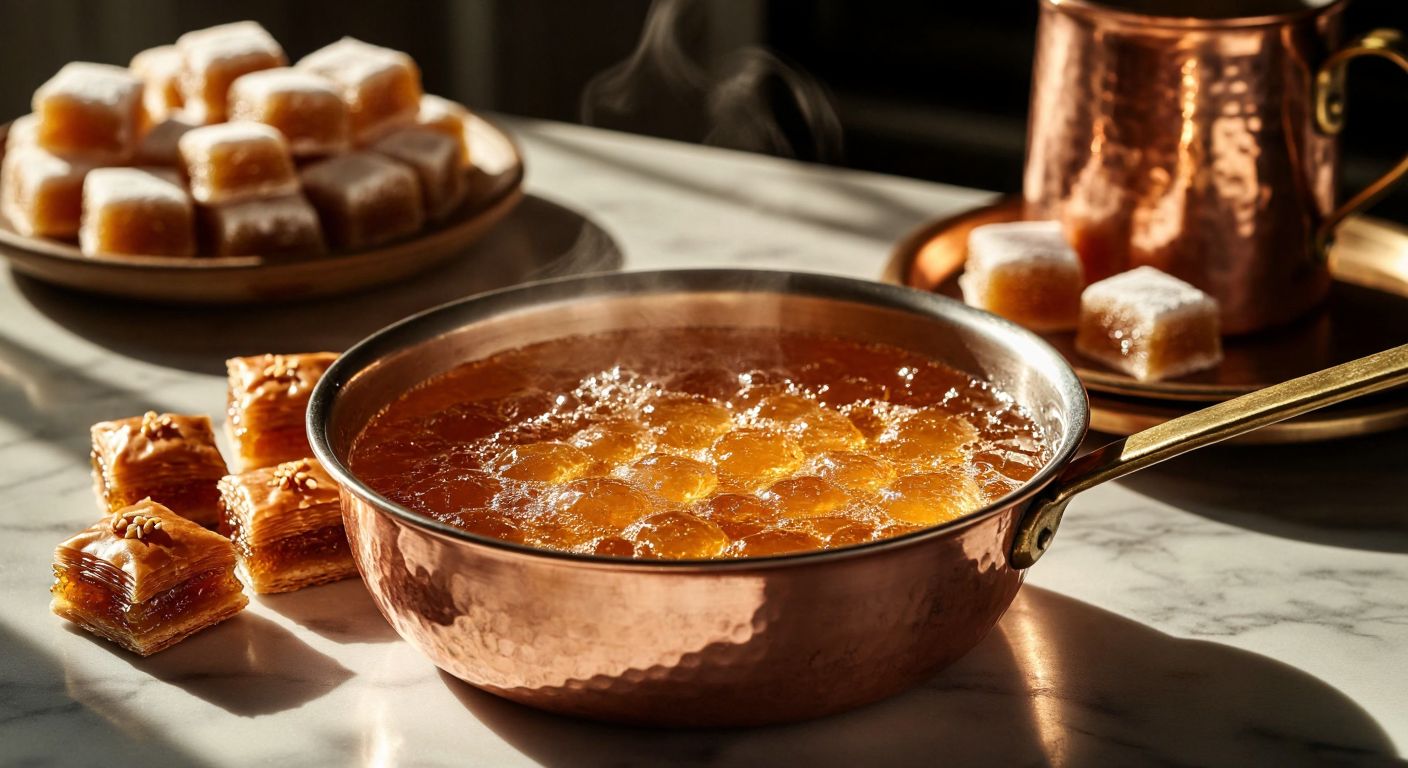 A close-up of a sturdy metal-framed candy thermometer resting in a bubbling copper pot of golden syrup, surrounded by traditional Turkish sweets like lokum and baklava on a marble countertop, with warm kitchen light casting soft shadows.