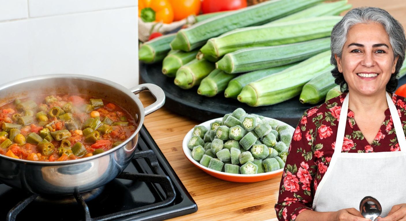 A vibrant Turkish kitchen scene with a steaming pot of okra stew on a stove, fresh and frozen okra pods arranged neatly on a wooden counter, and a smiling elderly woman in a floral apron holding a spoon, conveying warmth and health.