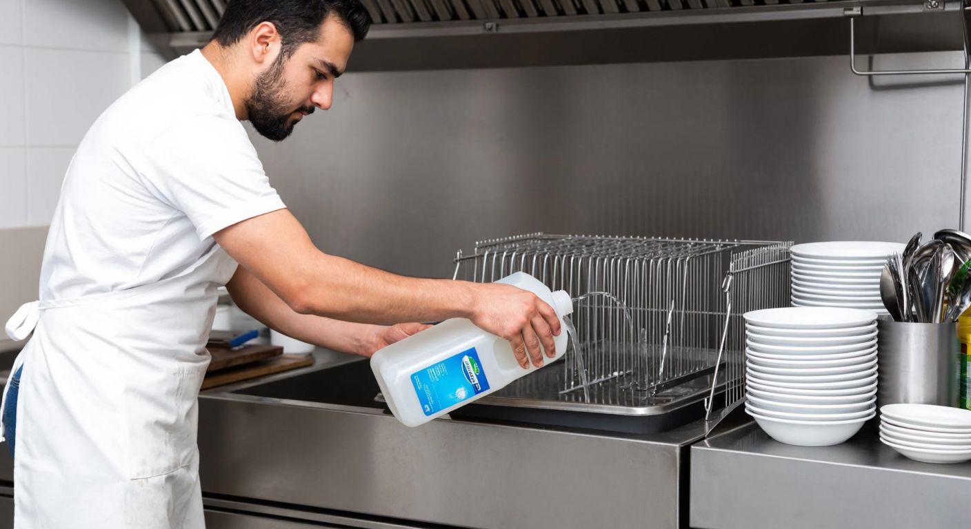 A Turkish kitchen worker in a white apron carefully pouring industrial dishwasher detergent into a large stainless steel machine, with neatly stacked plates and utensils nearby.
