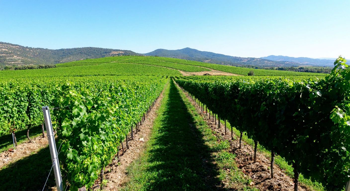 A sun-drenched vineyard in Menderes, İzmir, with rows of lush grapevines stretching toward rolling hills, under a bright blue sky, evoking the essence of Turkish winemaking.