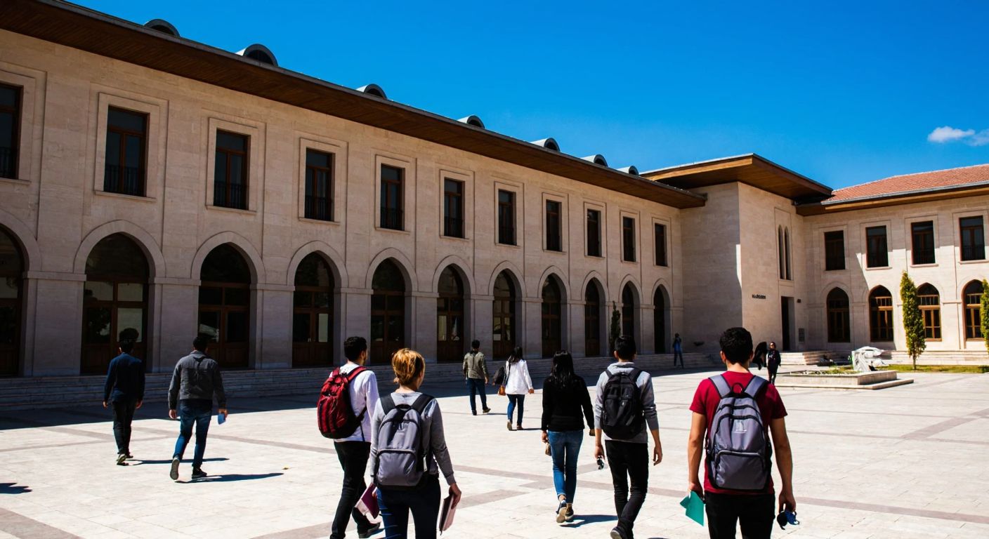 A sunlit university courtyard in Konya, Turkey, with students carrying books and backpacks, walking past a large signless building with arched windows, under a clear blue sky.