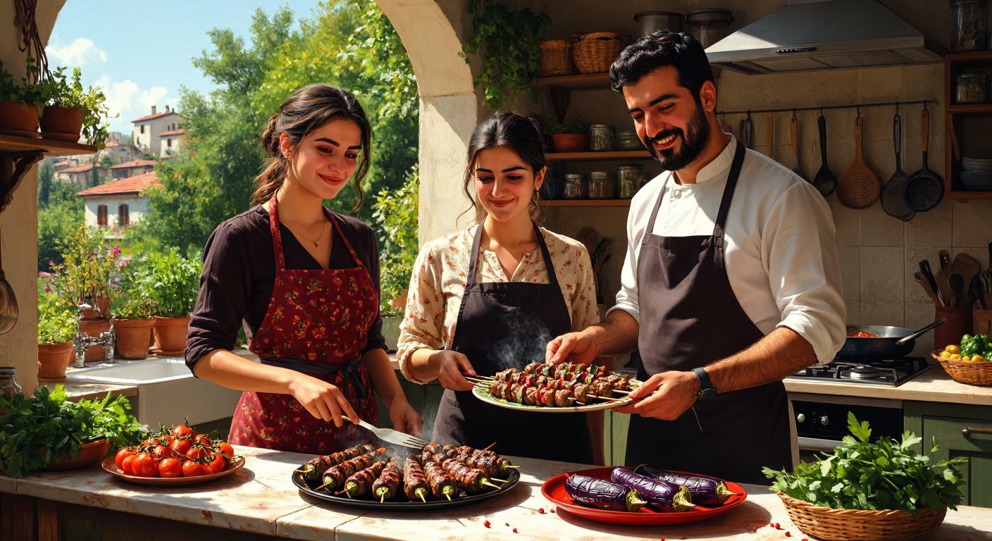 A Turkish man and woman stand side by side in a sunlit kitchen, each confidently preparing a vibrant dish—the man grilling spiced kebabs while the woman garnishes a colorful plate of stuffed eggplants, their expressions warm and focused.