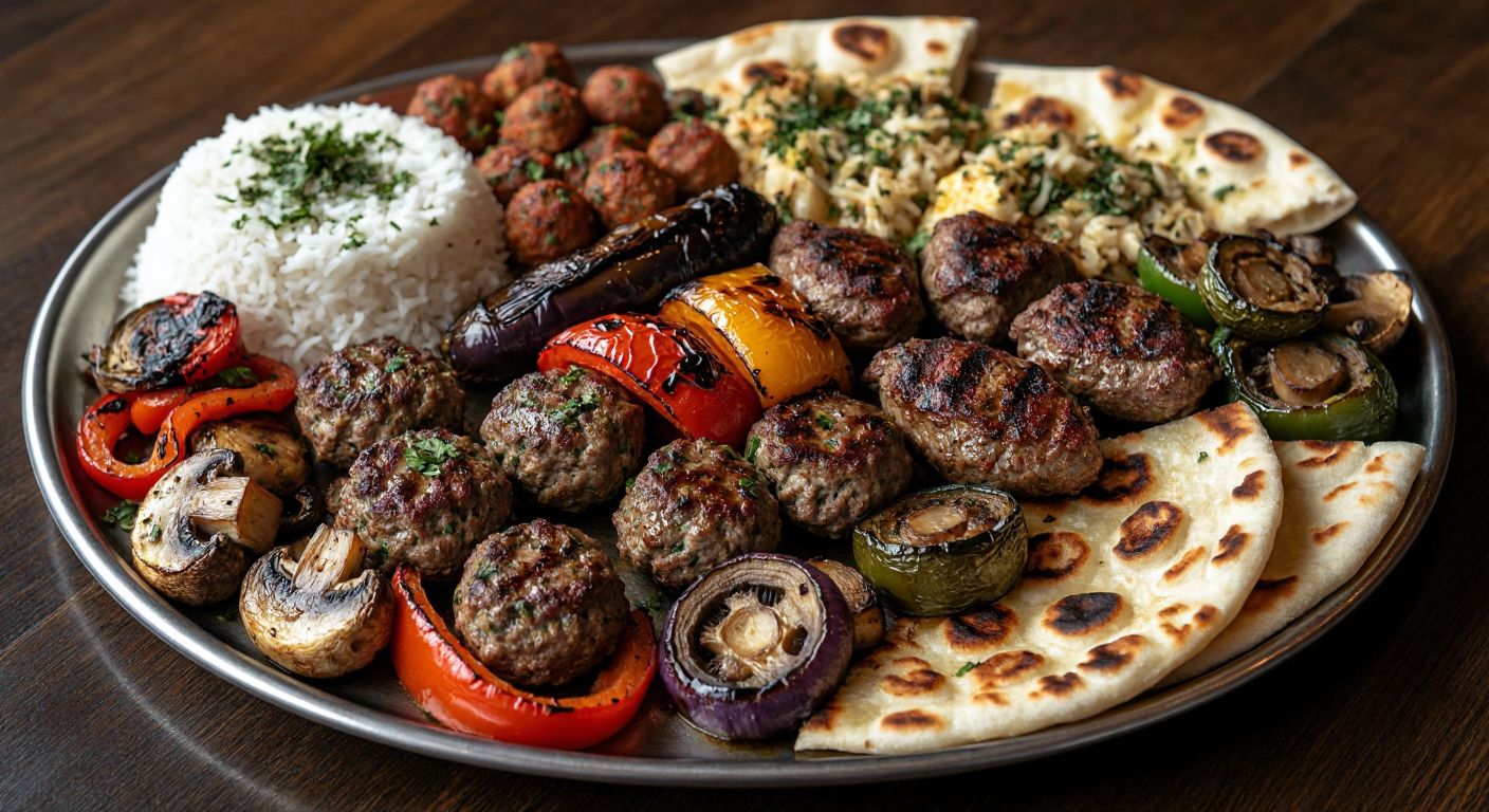 A sizzling metal platter piled high with juicy lamb chops, grilled chicken, spiced meatballs, charred eggplant, roasted peppers, and mushrooms, served alongside fluffy rice and warm flatbread, evoking the rich flavors of Turkish cuisine.