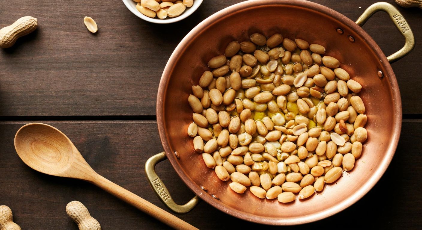 A warm, rustic Turkish kitchen with a copper pan sizzling golden peanuts in a drizzle of olive oil, surrounded by scattered peanut shells and a wooden spoon resting nearby.