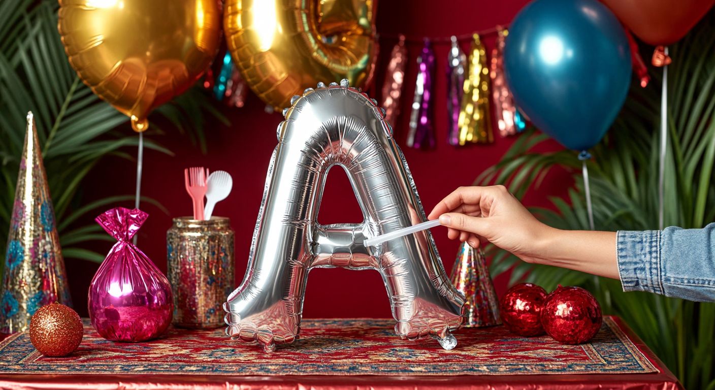 A person in a festive Turkish setting carefully inflates a shiny silver letter "A" foil balloon using a thin plastic straw, with a small hand pump nearby and colorful decorations in the background.