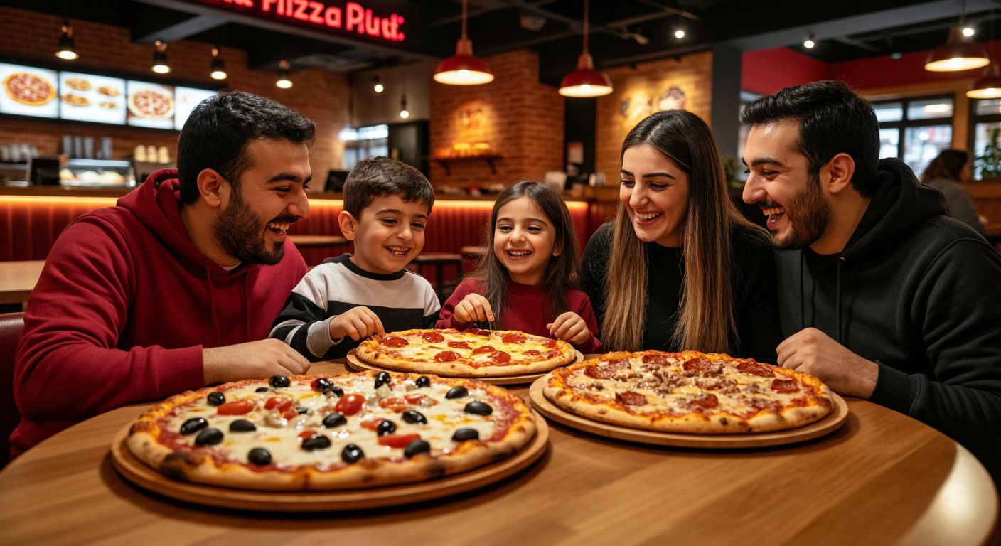 A cheerful Turkish family sitting around a table in a Pizza Hut restaurant, eagerly sharing two steaming medium-sized Superboll pizzas with melted cheese and colorful toppings, their faces lit with joy under warm restaurant lighting.