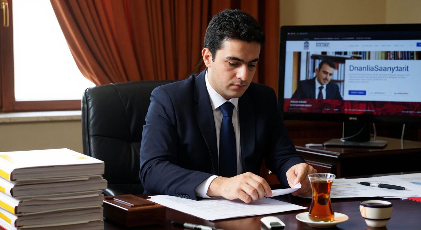 A focused Turkish businessperson in a formal office setting, wearing a suit, carefully reviewing documents on a desk with a computer screen displaying the Sanayi.org.tr homepage, surrounded by neatly stacked folders and a steaming cup of Turkish tea.