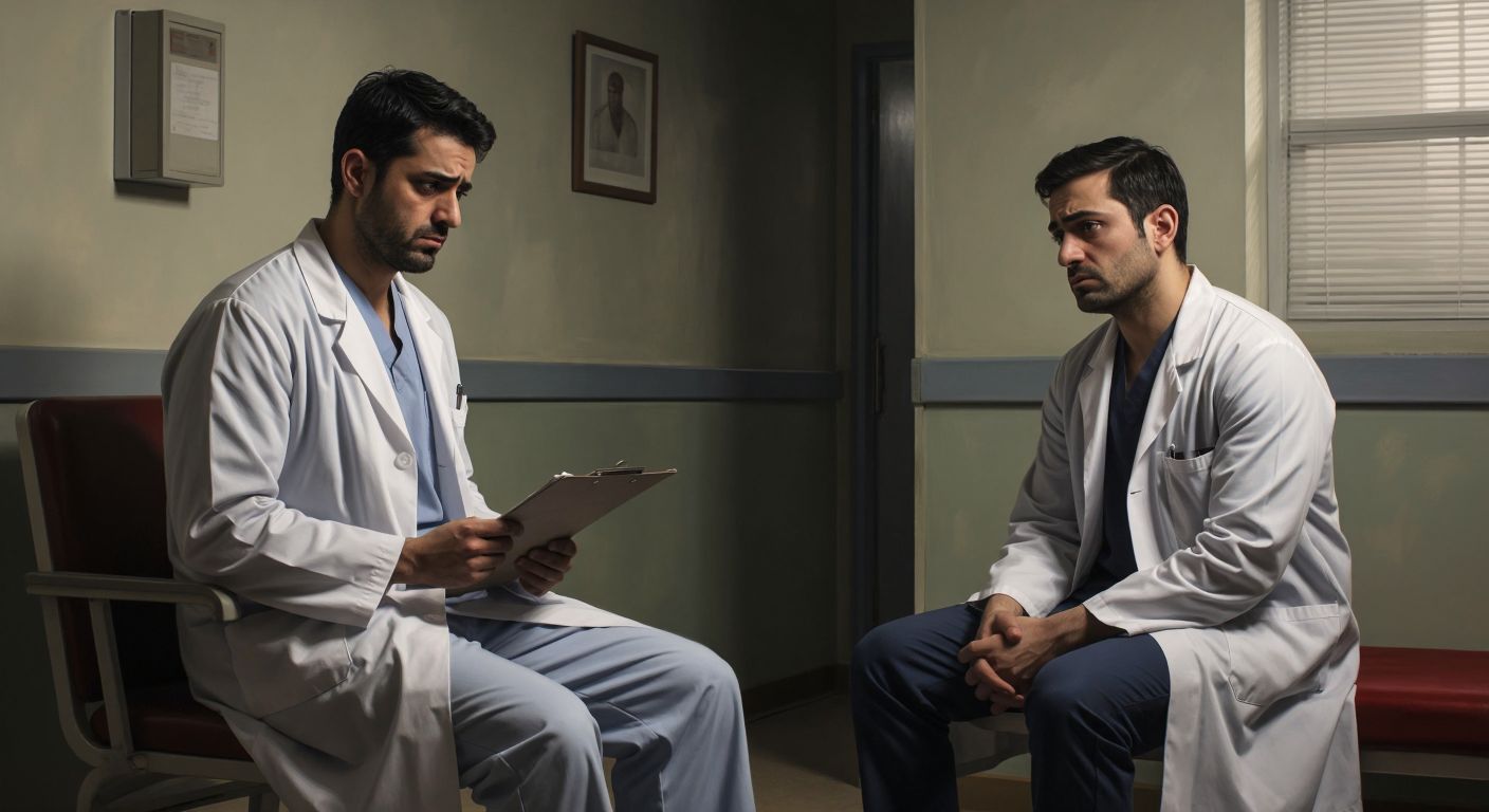 A serious-looking doctor in a white coat holds a clipboard in a plain hospital room, while a concerned Turkish man sits across from him, fidgeting nervously with his hands.