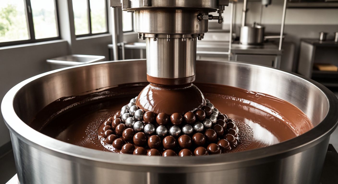 A gleaming stainless steel ball mill with rotating shafts and metal balls inside, surrounded by smooth, glossy chocolate paste, in a bright industrial kitchen with warm Turkish sunlight streaming through the windows.