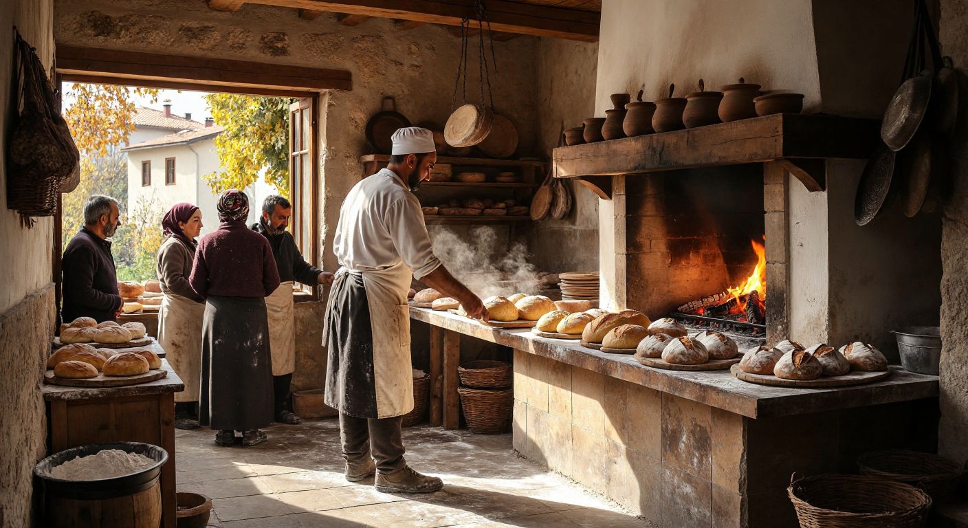 A warm, rustic bakery in Kütahya with a wood-fired oven, where a baker in a flour-dusted apron pulls out golden loaves of village bread while villagers wait eagerly outside.
