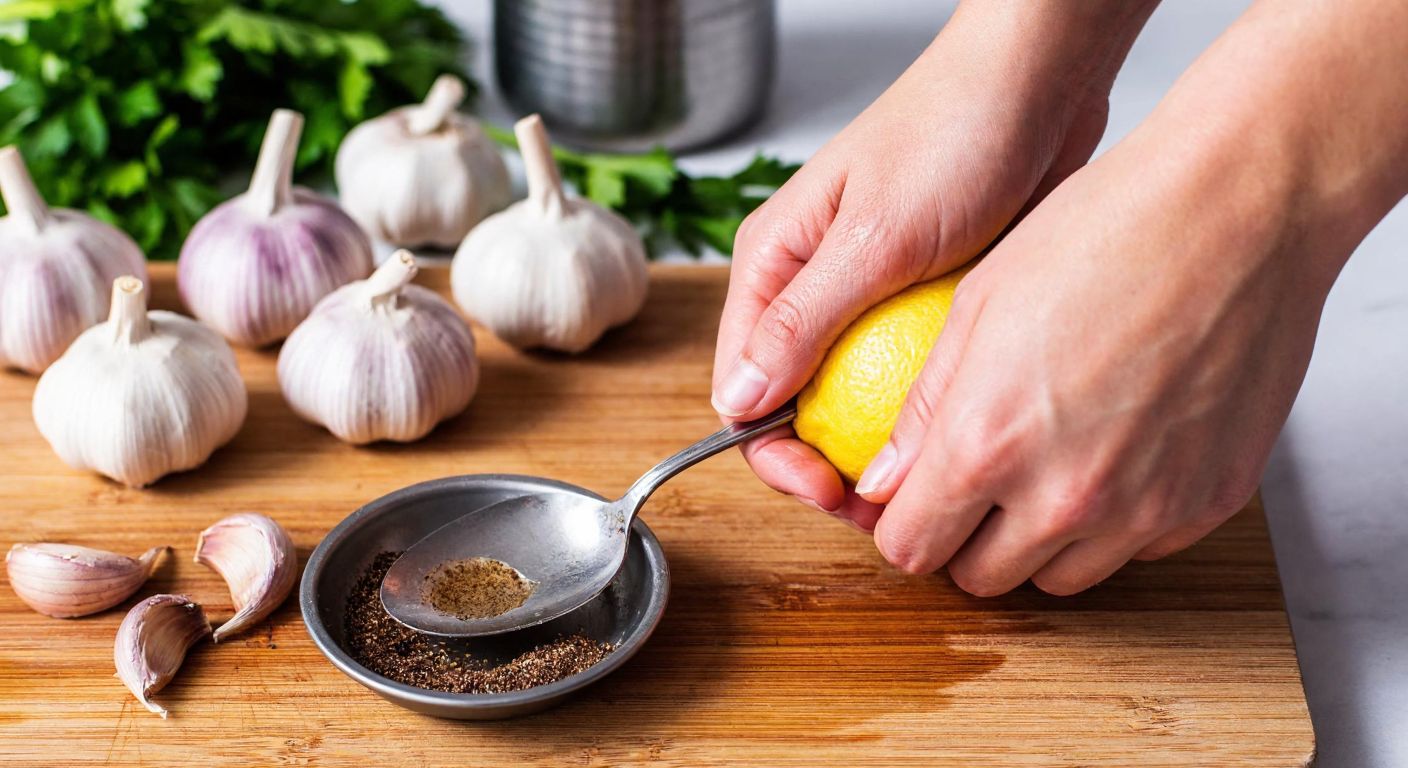 A pair of hands under running water, scrubbing with a metal spoon, a halved lemon, and a small bowl of coffee grounds nearby, set against a rustic Turkish kitchen backdrop with fresh garlic cloves scattered on a wooden counter.