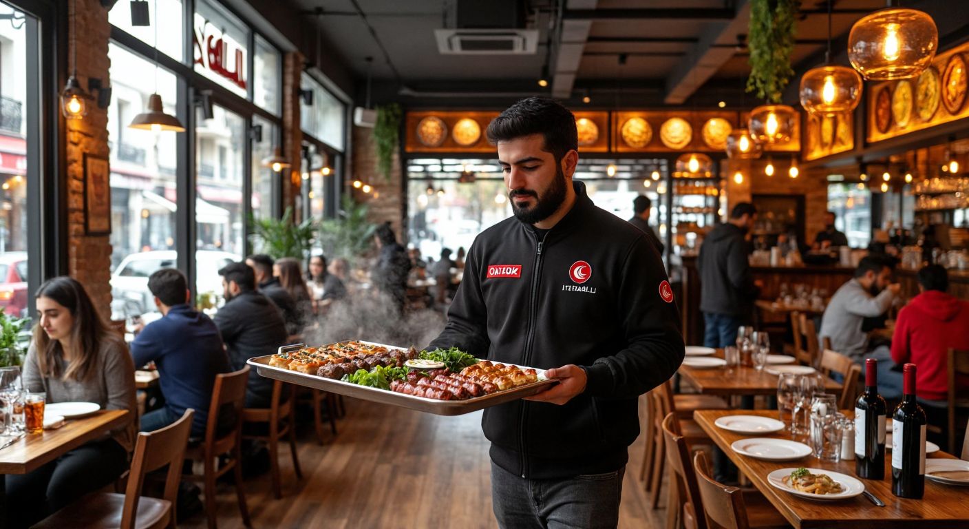 A bustling Turkish restaurant with warm lighting, where a delivery rider in a branded jacket carries a tray of steaming kebabs and baklava, while diners at wooden tables share meze platters and BYO wine bottles.