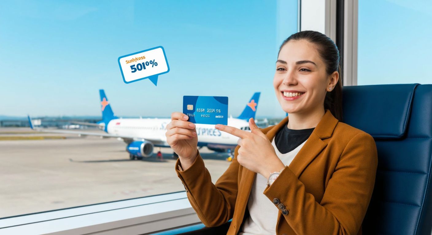 A smiling Turkish traveler in a bright airport lounge holds a Yapı Kredi credit card while gesturing toward a SunExpress plane outside the window, with a discount tag floating nearby.