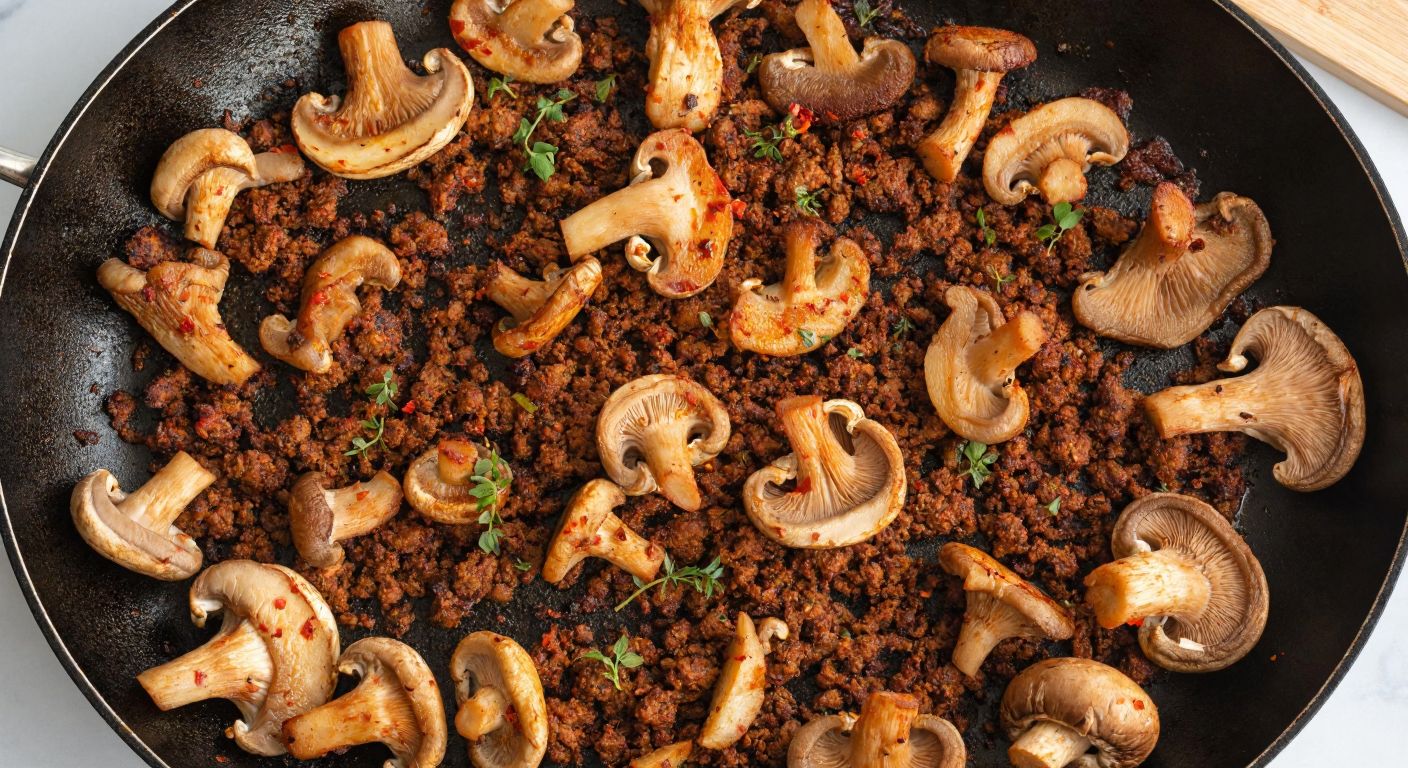 A sizzling pan of golden-brown oyster mushrooms and soy mince, richly seasoned with red pepper flakes, cumin, and thyme, evoking the aroma of traditional Turkish street food.