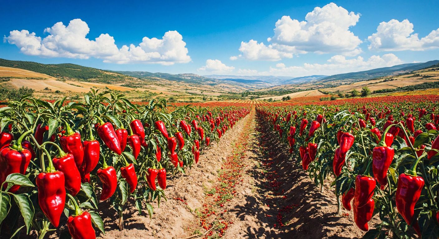 A sun-drenched field in southeastern Turkey with vibrant red pepper plants, their glossy fruits ready for harvest, surrounded by rolling hills under a bright blue sky.