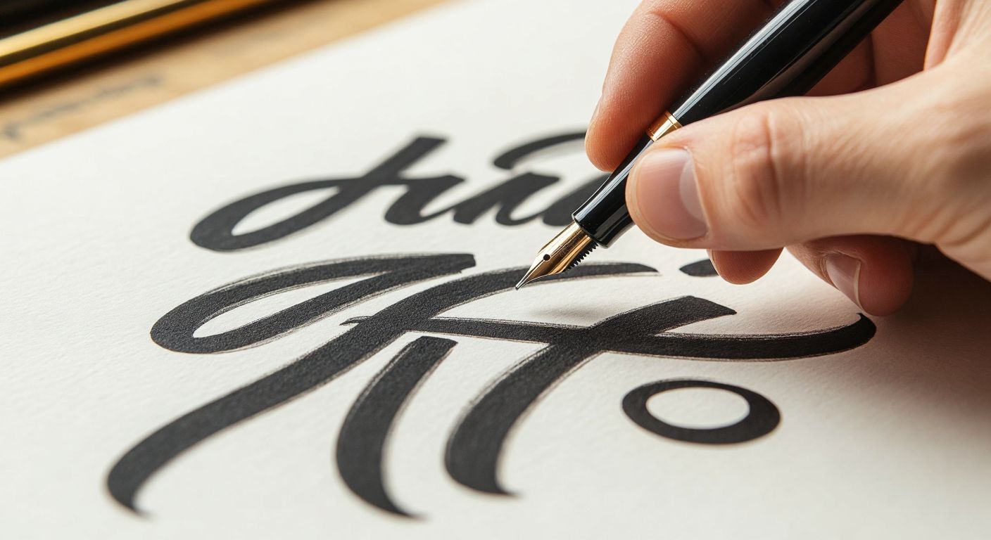 A hand holding a thick-tipped calligraphy pen pressing firmly onto a sheet of paper, leaving bold, dark strokes that stand out against lighter, thinner lines nearby.