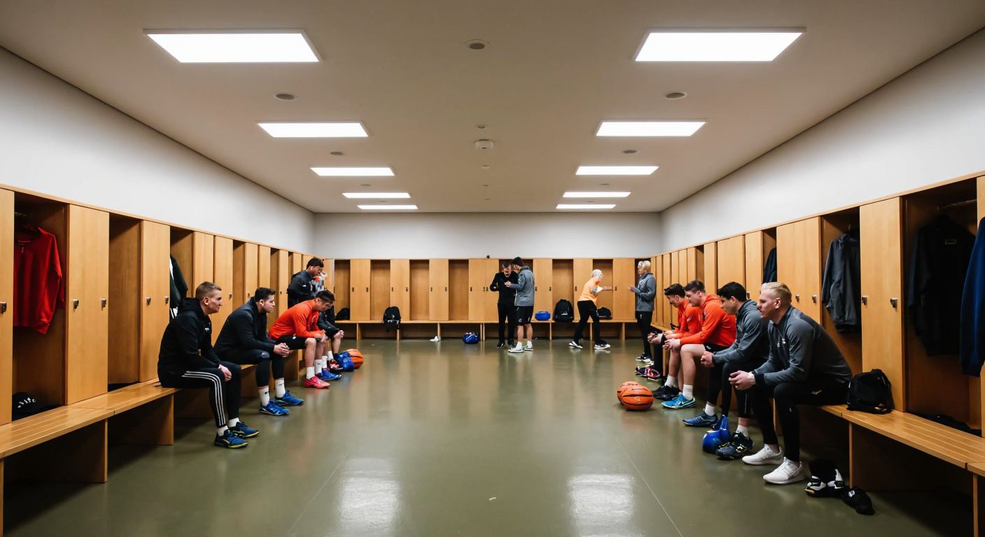 A spacious locker room with neatly arranged wooden benches and lockers, filled with 28 people in athletic wear chatting and preparing, under bright fluorescent lights.