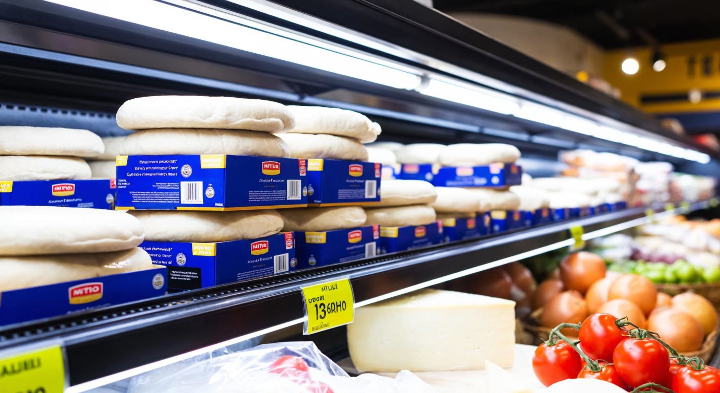 A bright supermarket aisle in Turkey with neatly stacked packages of Metro Chef and Aro-branded pizza dough on a refrigerated shelf, surrounded by fresh ingredients like tomatoes and cheese.