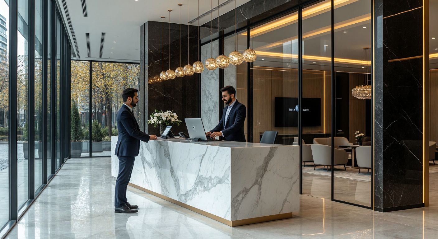 A modern glass-fronted İş Bankası branch in Maslak, Istanbul, with a professional banker in a crisp suit assisting a customer at a sleek marble counter.