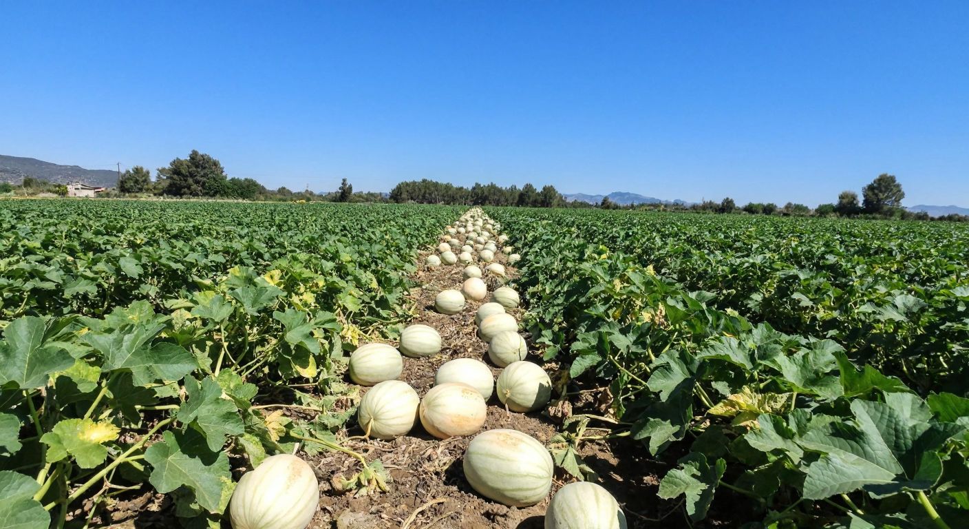 A sunlit field in Manisa, Turkey, with rows of ripe Hermanos F1 melons nestled among green vines, under a bright blue sky.