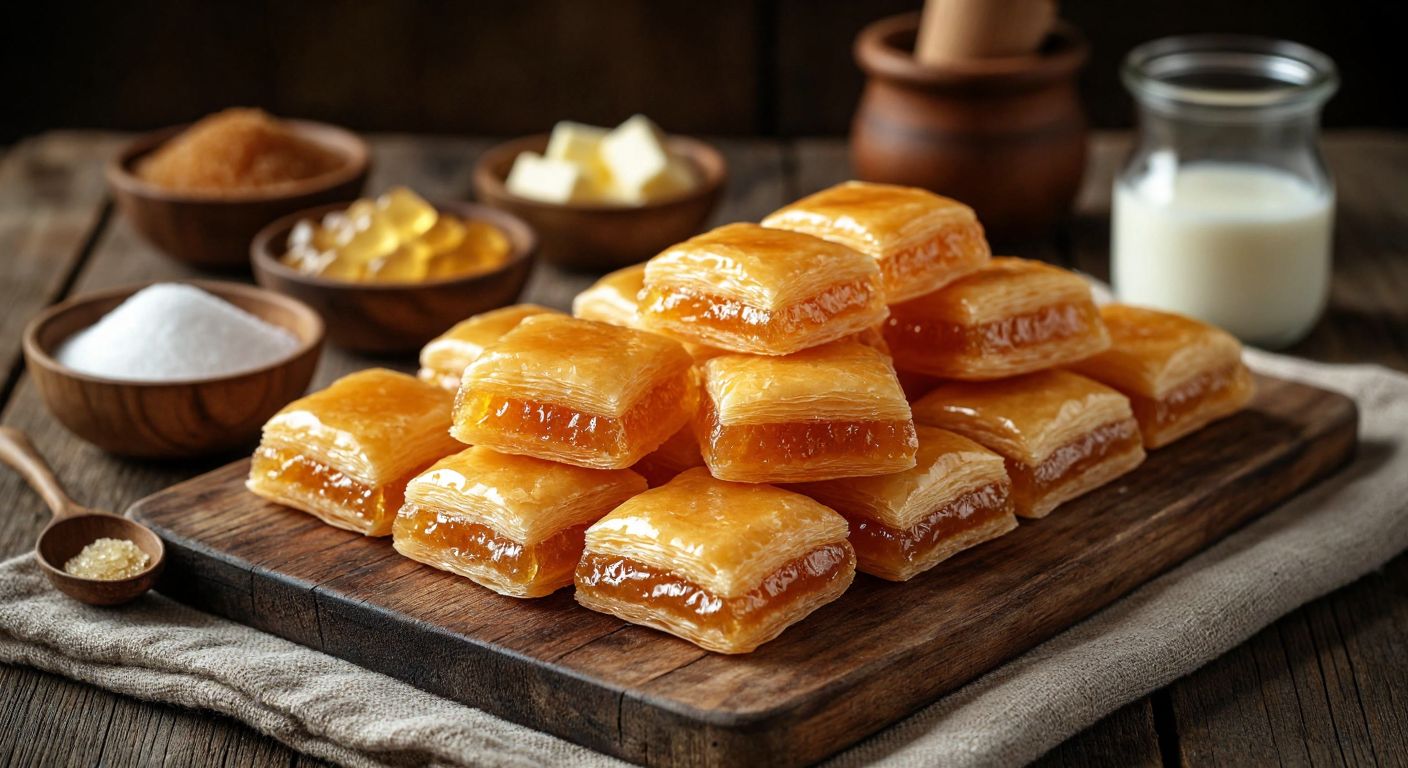 A golden-brown, buttery Turkish candy (Kent Missbon) sits on a rustic wooden table, surrounded by small bowls of its ingredients—glucose syrup, sugar, butter, and milk powder—under warm, inviting light.