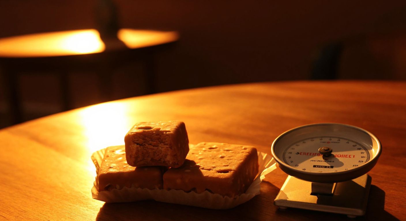 A small, unwrapped piece of Turkish rice crackle chocolate resting on a wooden table beside a tiny scale, with a warm, golden light casting a cozy glow over the scene.