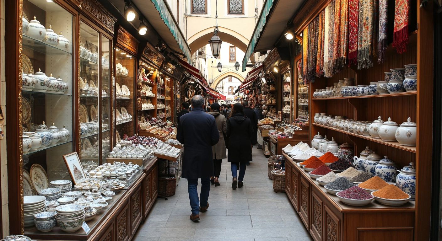 A bustling Turkish bazaar with two adjacent shops—one displaying ornate glass cabinets filled with delicate ceramics and jewelry, and the other featuring open wooden shelves where customers freely touch colorful textiles and spices.