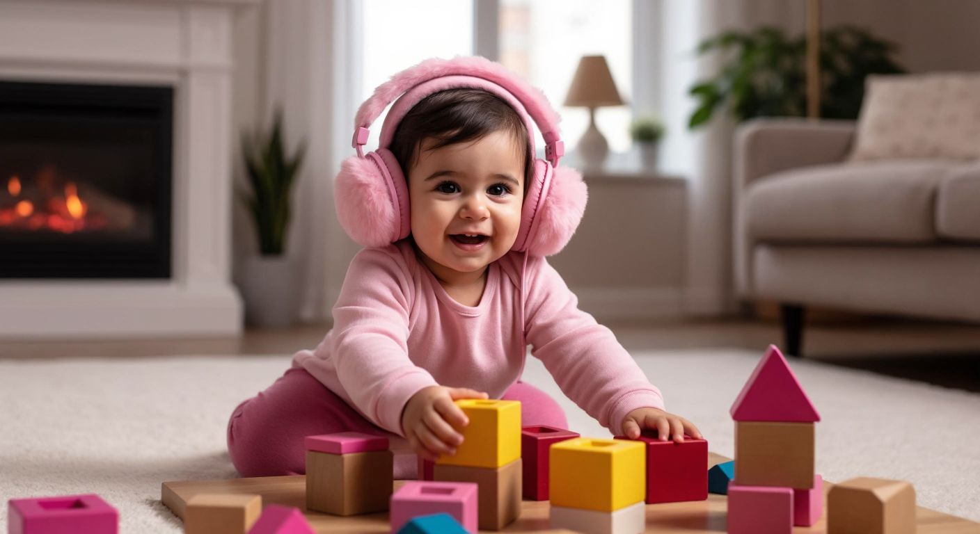 A cheerful Turkish toddler wearing soft pink fluffy headphones while playing with colorful blocks in a cozy living room.