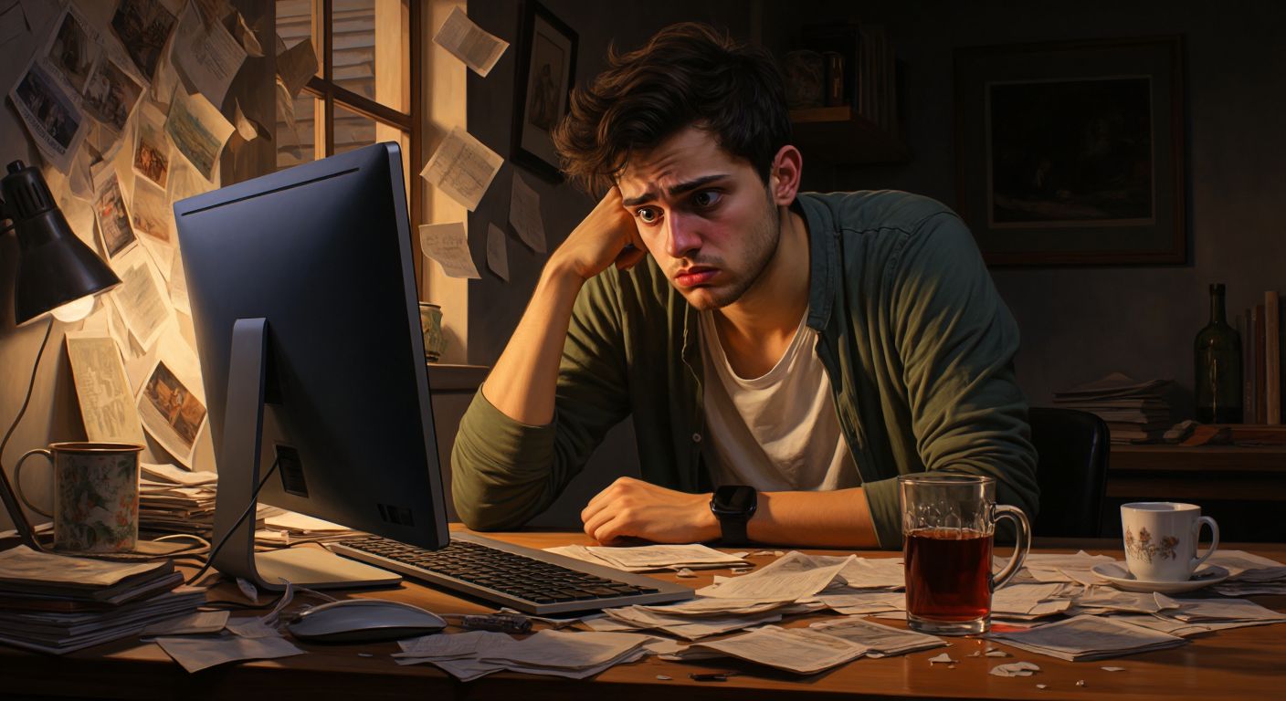 A frustrated young adult in a casual home setting stares at an empty computer screen with a puzzled expression, surrounded by scattered notes and a half-drunk cup of Turkish tea.