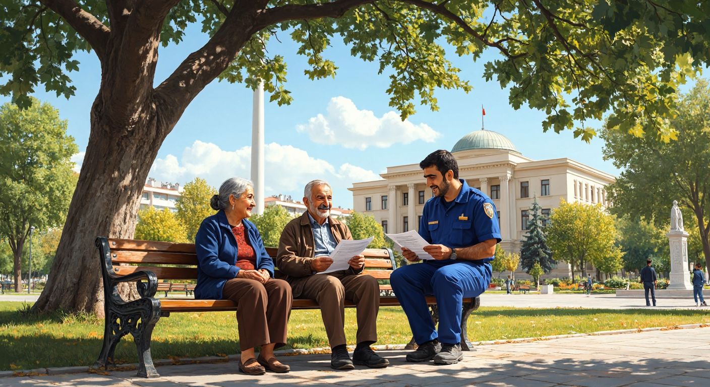 An elderly Turkish couple sits on a park bench under a shady tree, smiling warmly as a social worker in a blue uniform gently explains a document to them, with a government building in the background.
