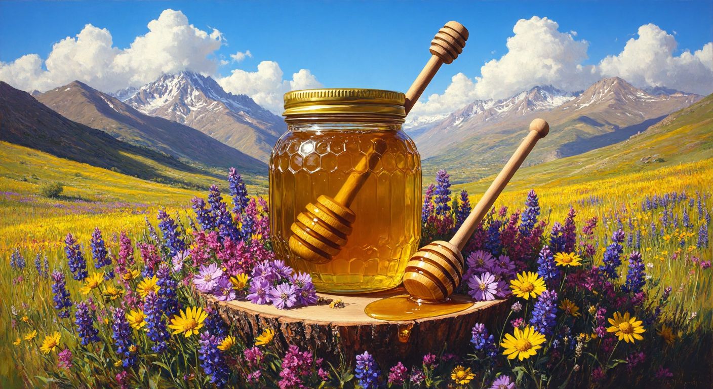 A golden honey jar surrounded by vibrant wildflowers from Bingöl, Kayseri, Muş, Şemdinli, and Yüksekova, with a traditional Turkish wooden honey dipper resting beside it.