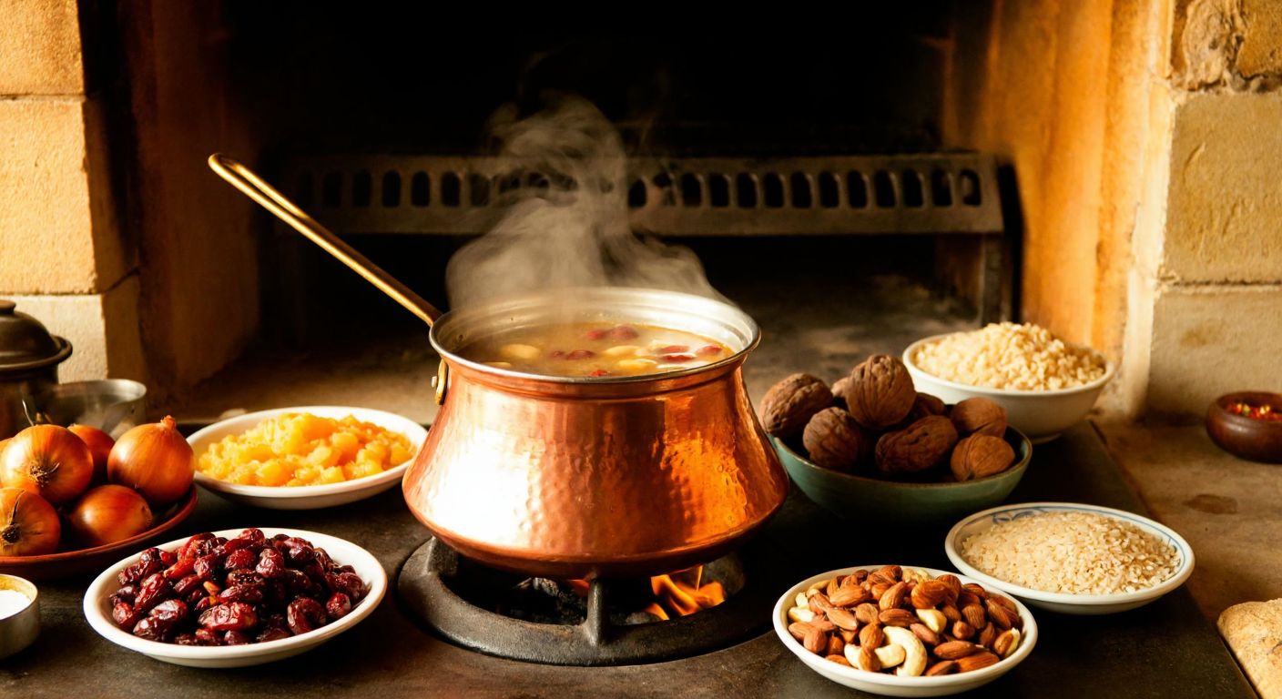 A steaming copper pot of aşure sits on a wood-fired stove, surrounded by bowls of dried fruits, nuts, and grains, with a warm golden light casting a cozy glow over a rustic Turkish kitchen.