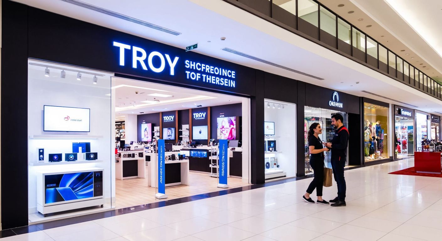 A modern shopping mall interior with a brightly lit Troy storefront, displaying sleek electronics, and a smiling Turkish shop assistant in a branded uniform helping a customer.