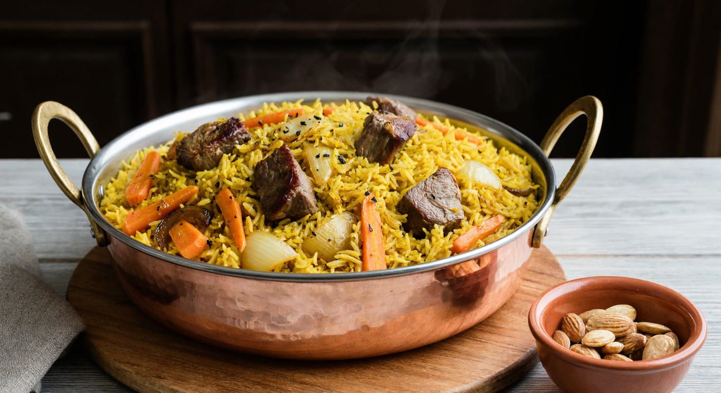 A steaming copper pot of Uzbek palov, filled with golden rice, tender lamb cubes, julienned carrots, and caramelized onions, topped with a sprinkle of cumin and black pepper, resting on a wooden table with a rustic clay bowl of almonds beside it.