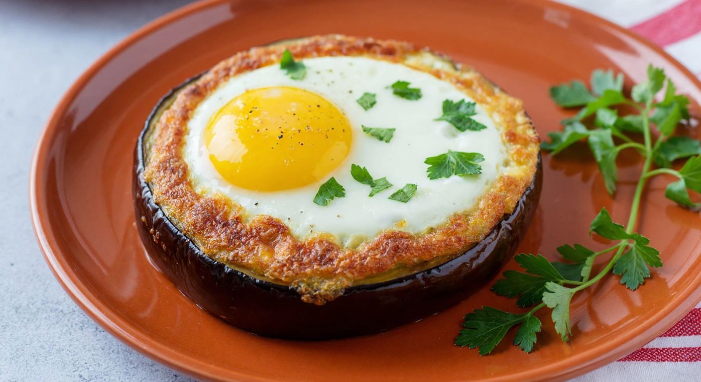 A golden-brown fried eggplant slice topped with a perfectly cooked sunny-side-up egg, garnished with fresh parsley, served on a rustic Turkish ceramic plate.